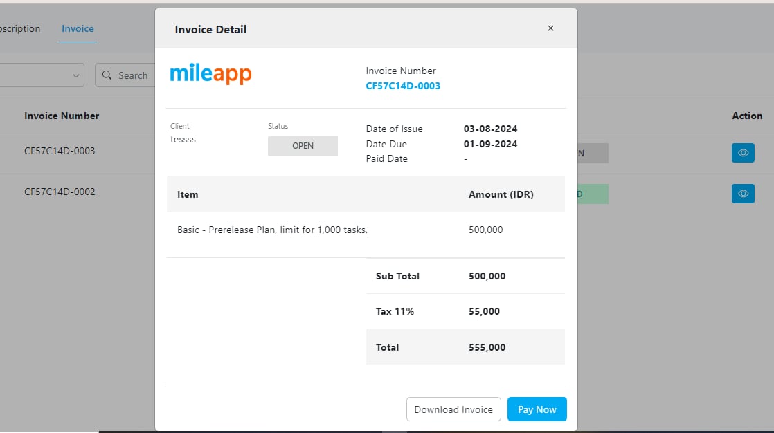 Example of Open Invoice in Billing Invoice Menu