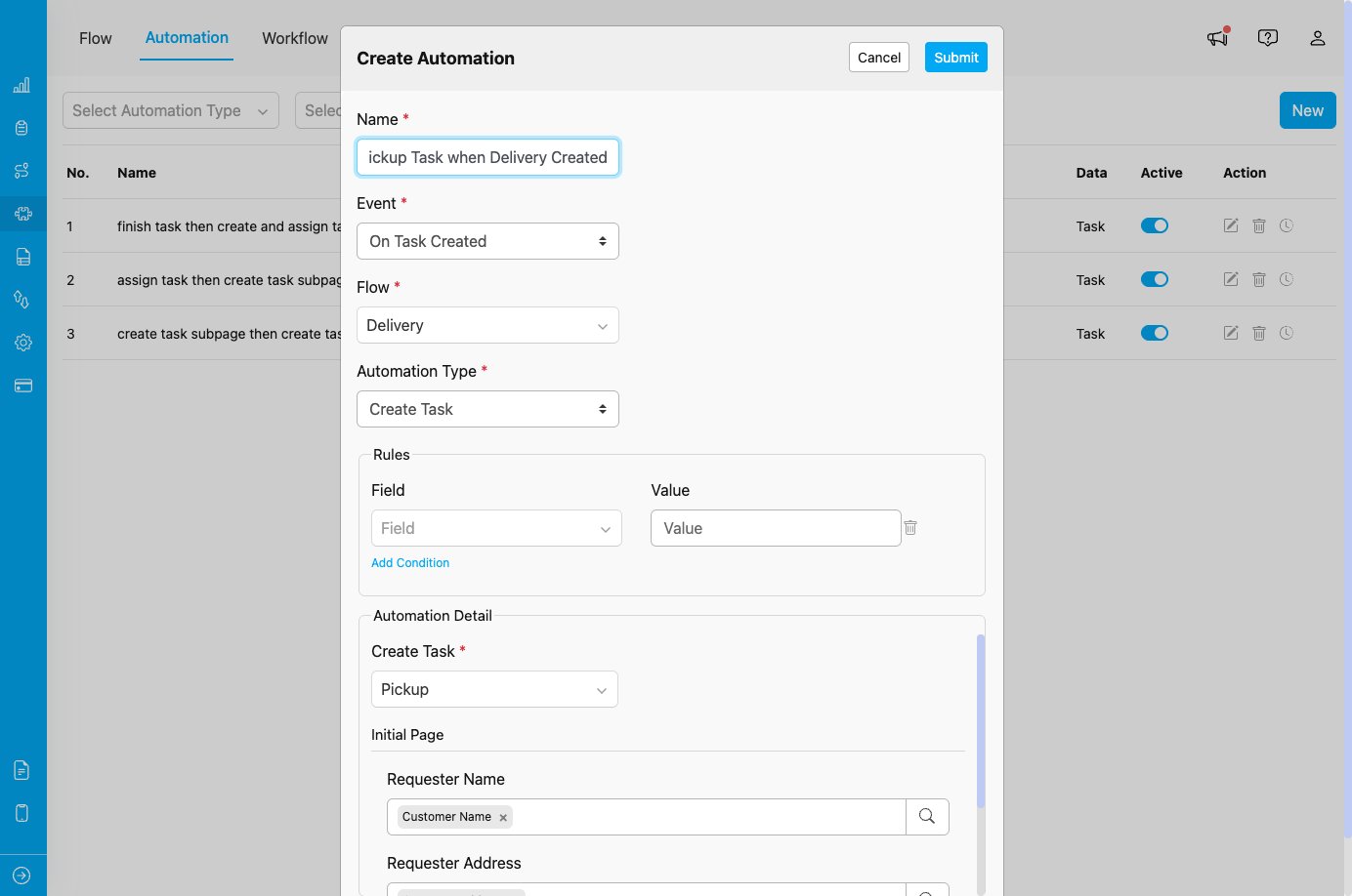 Create Task automation configuration
