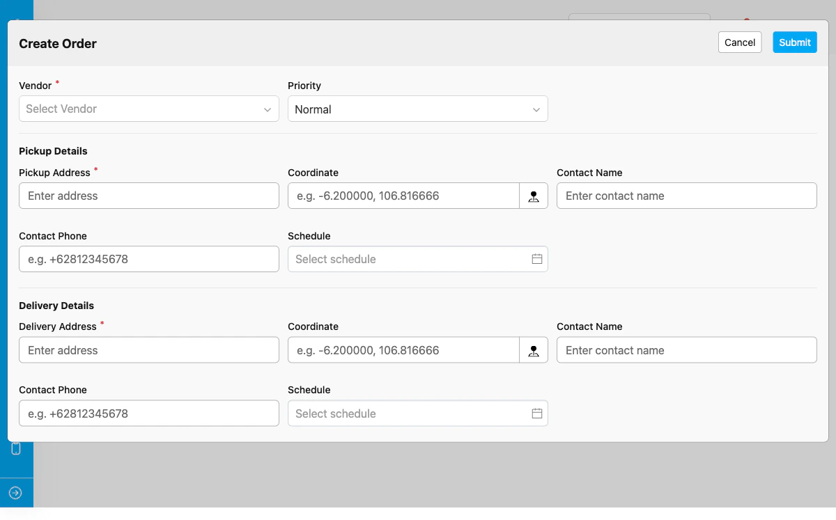 Order creation form