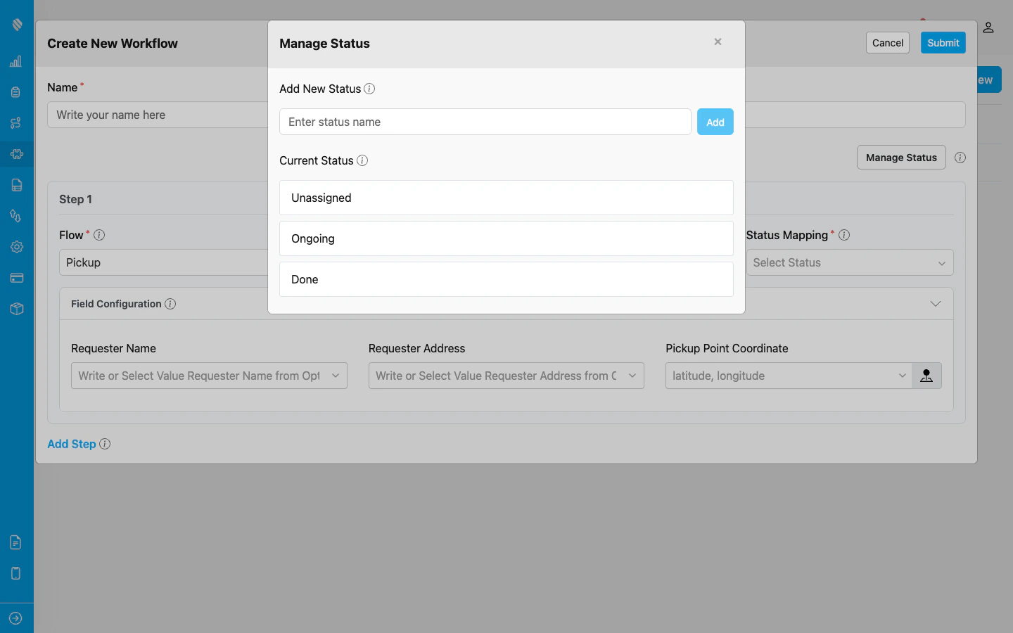 Manage Status modal