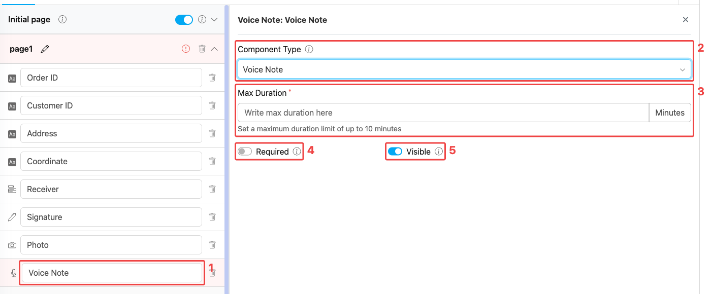 Voice Note component configuration