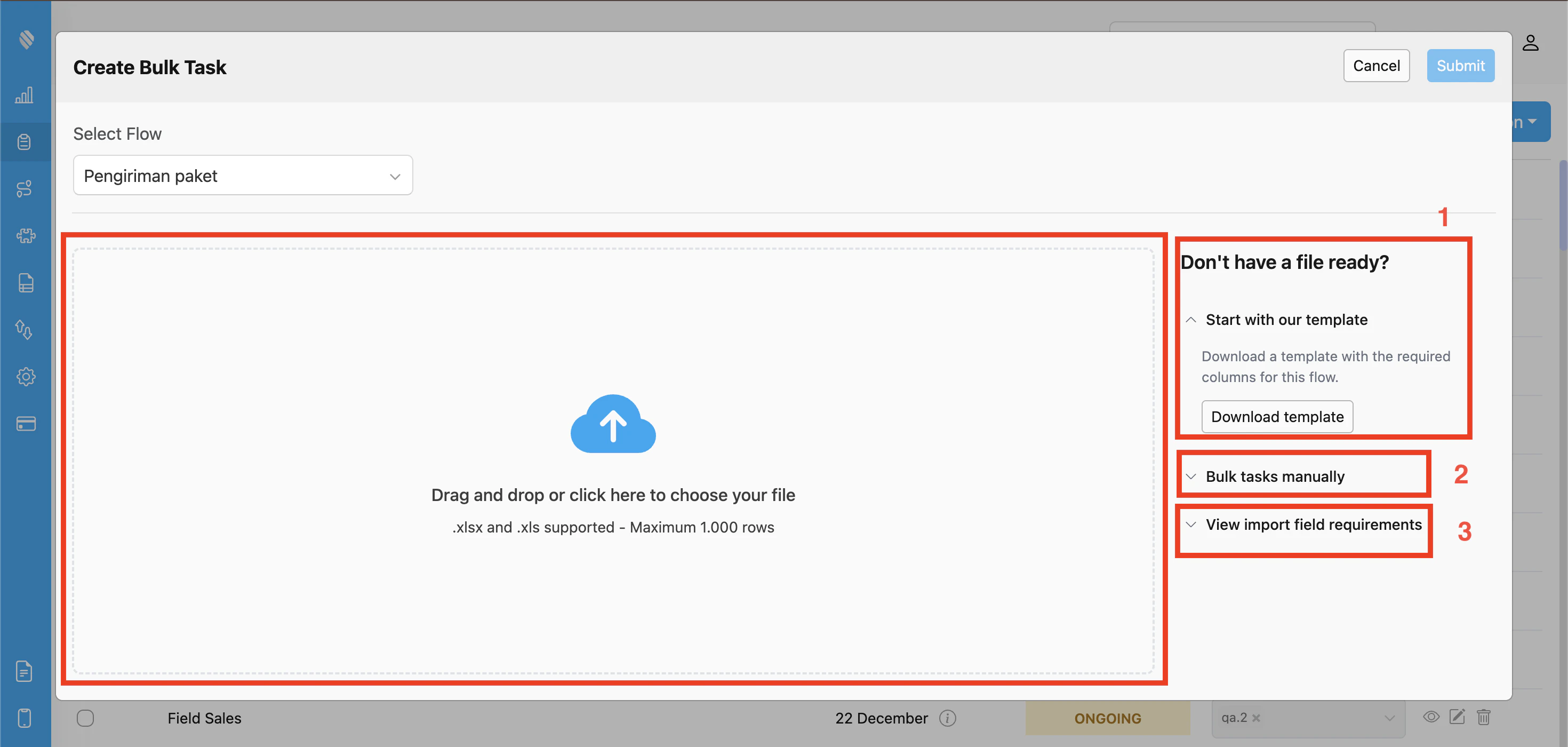 Upload Excel file with options panel
