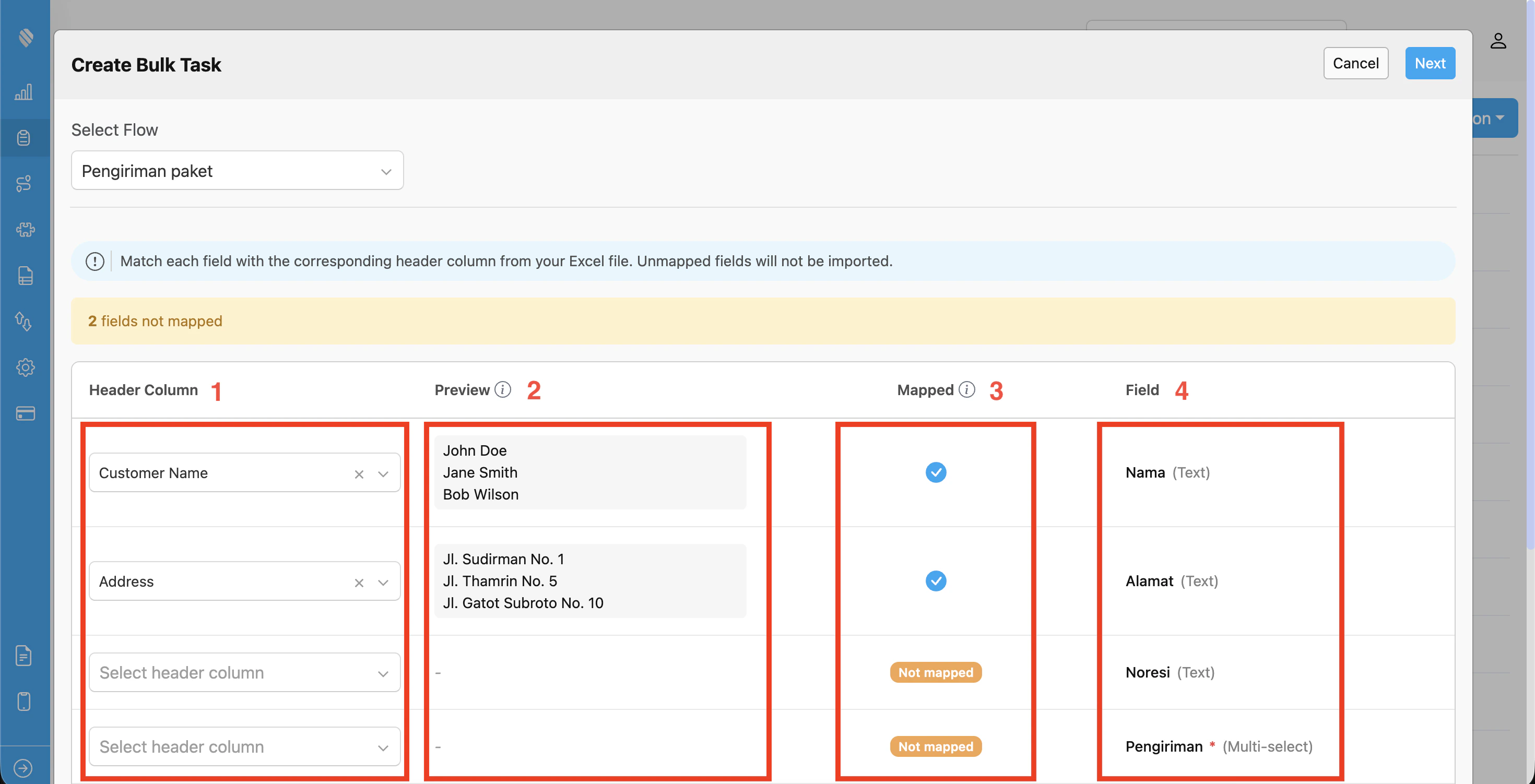 Column mapping with auto-matched fields