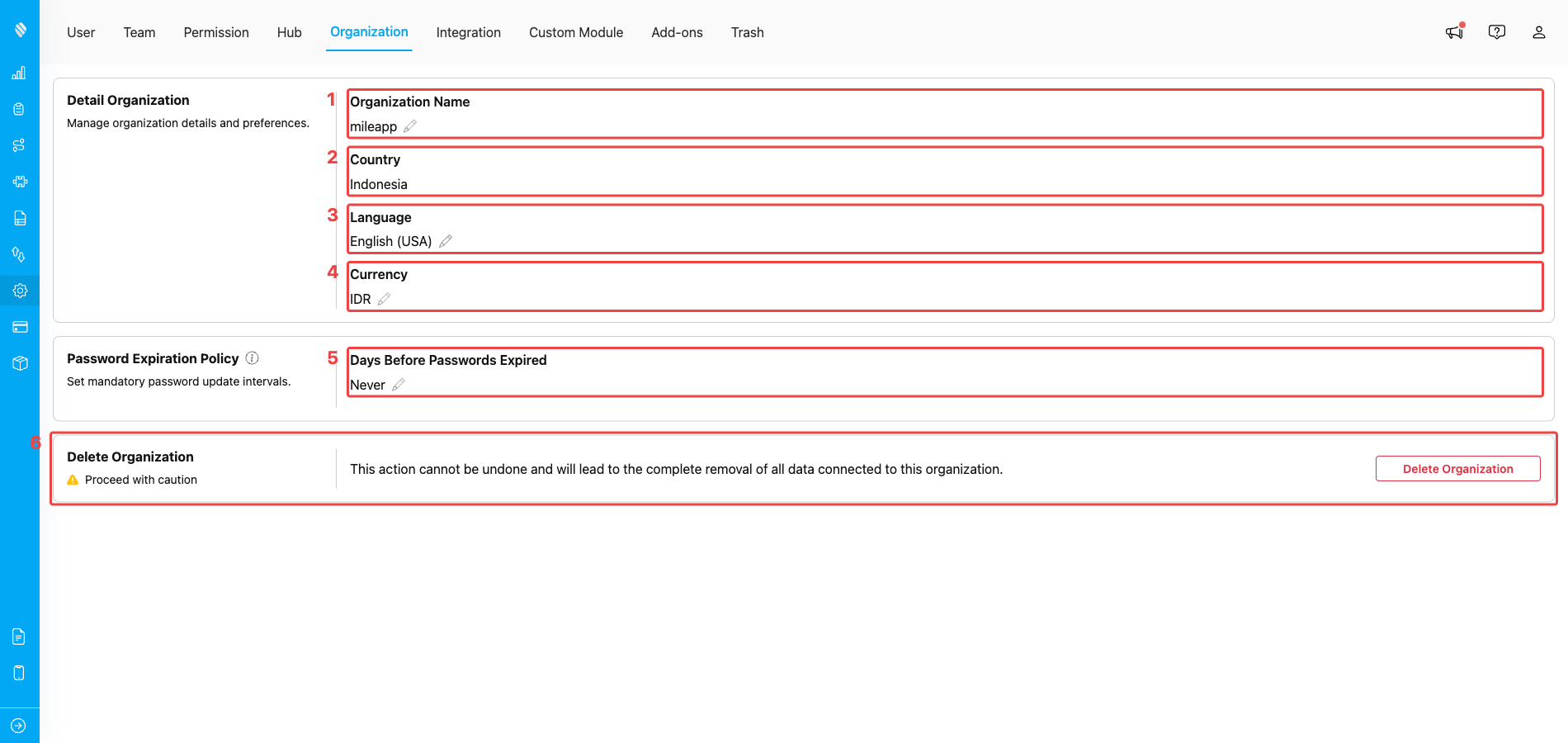 Setting → Organization page