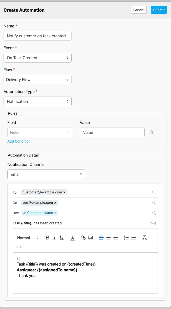 Notification automation with Channel set to Email, showing the full compose card