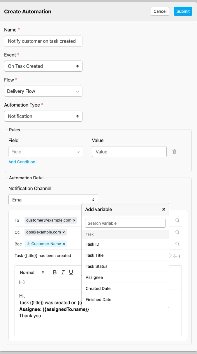 Variable picker dropdown open over the Subject field