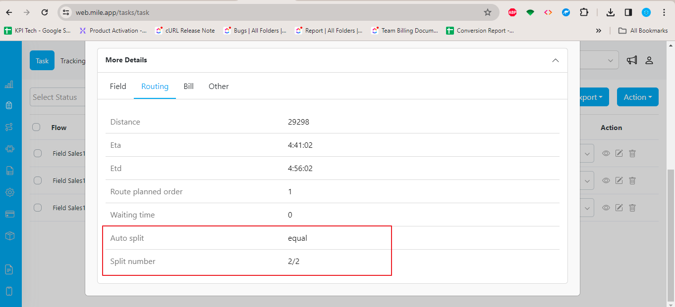 Task details showing split information