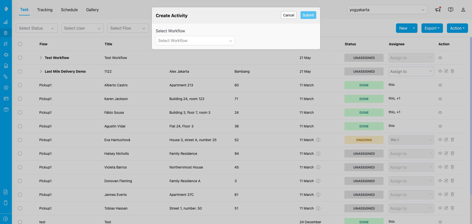 Create Activity modal