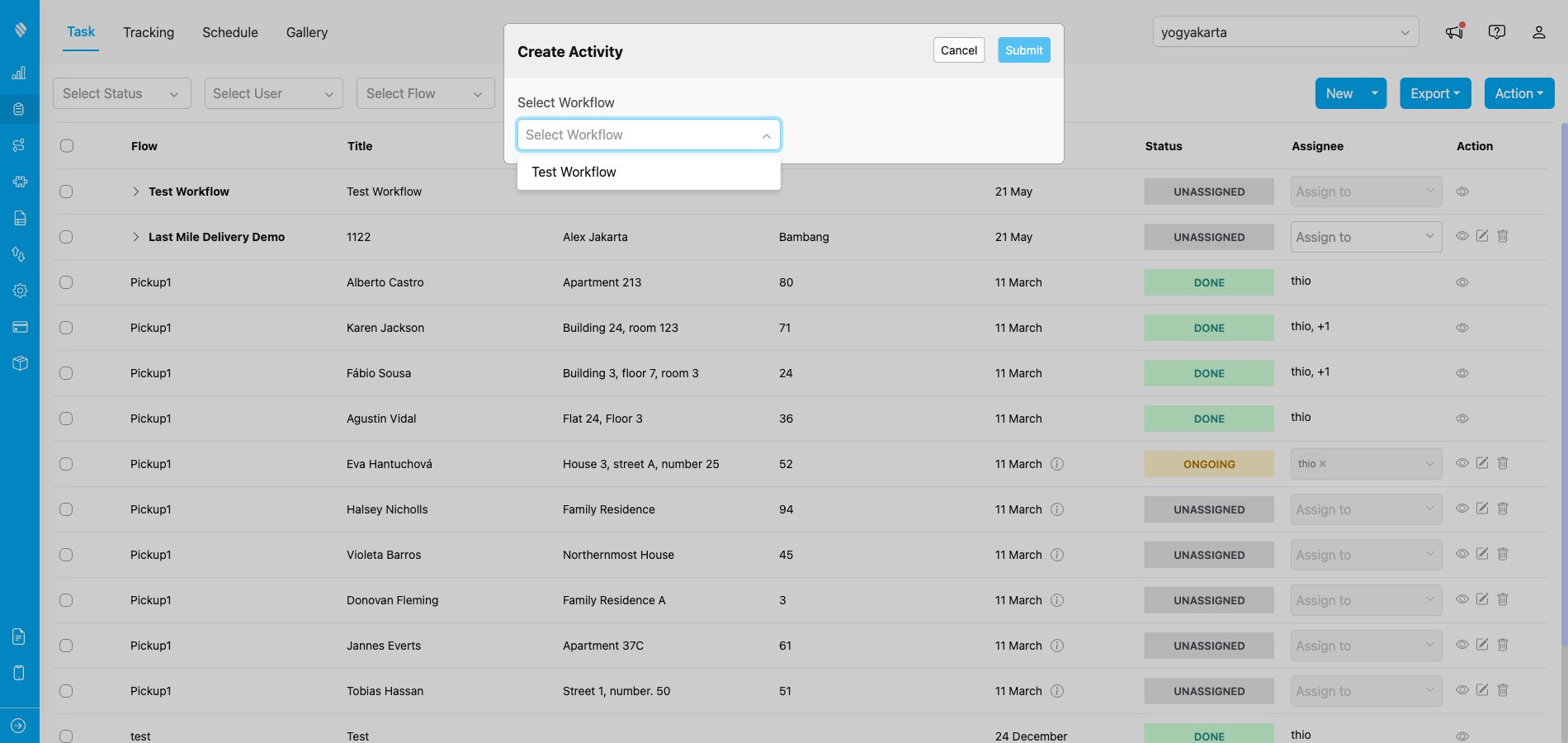 Workflow selection dropdown