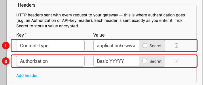 Headers section with the pre-filled Content-Type and Authorization rows highlighted