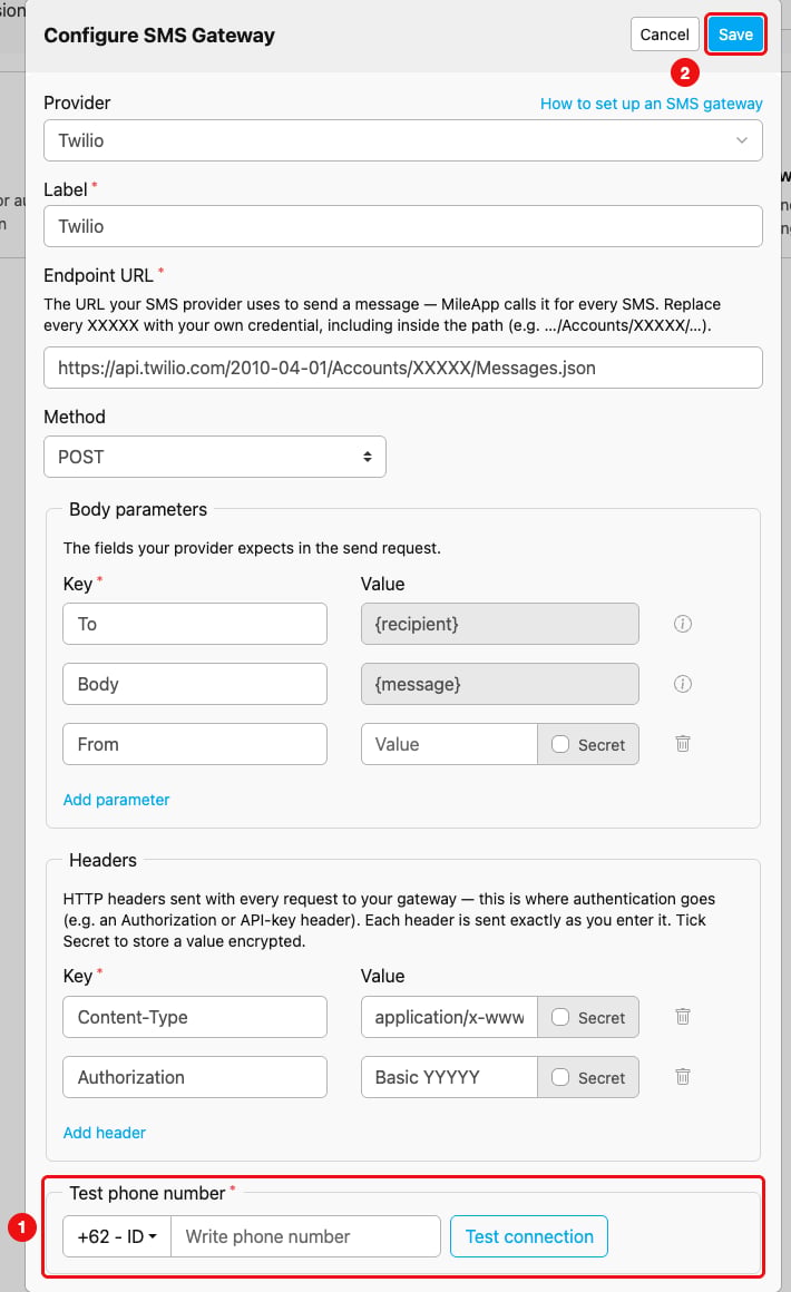 The completed form with the Test phone number field and the Save button highlighted