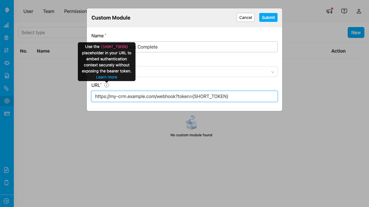 Custom Module URL field with {SHORT_TOKEN} placeholder and explanation tooltip