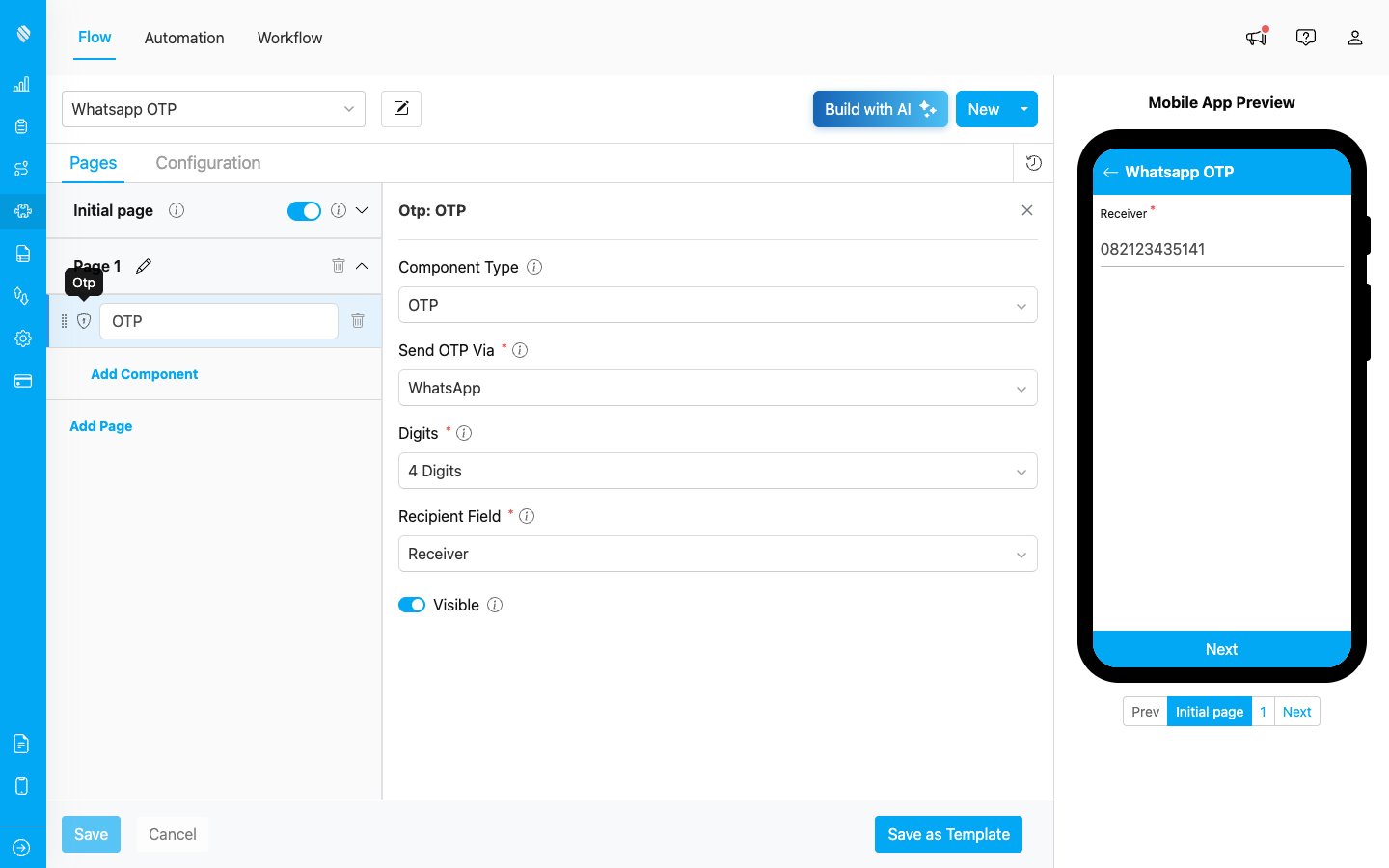 OTP component settings in Flow Builder