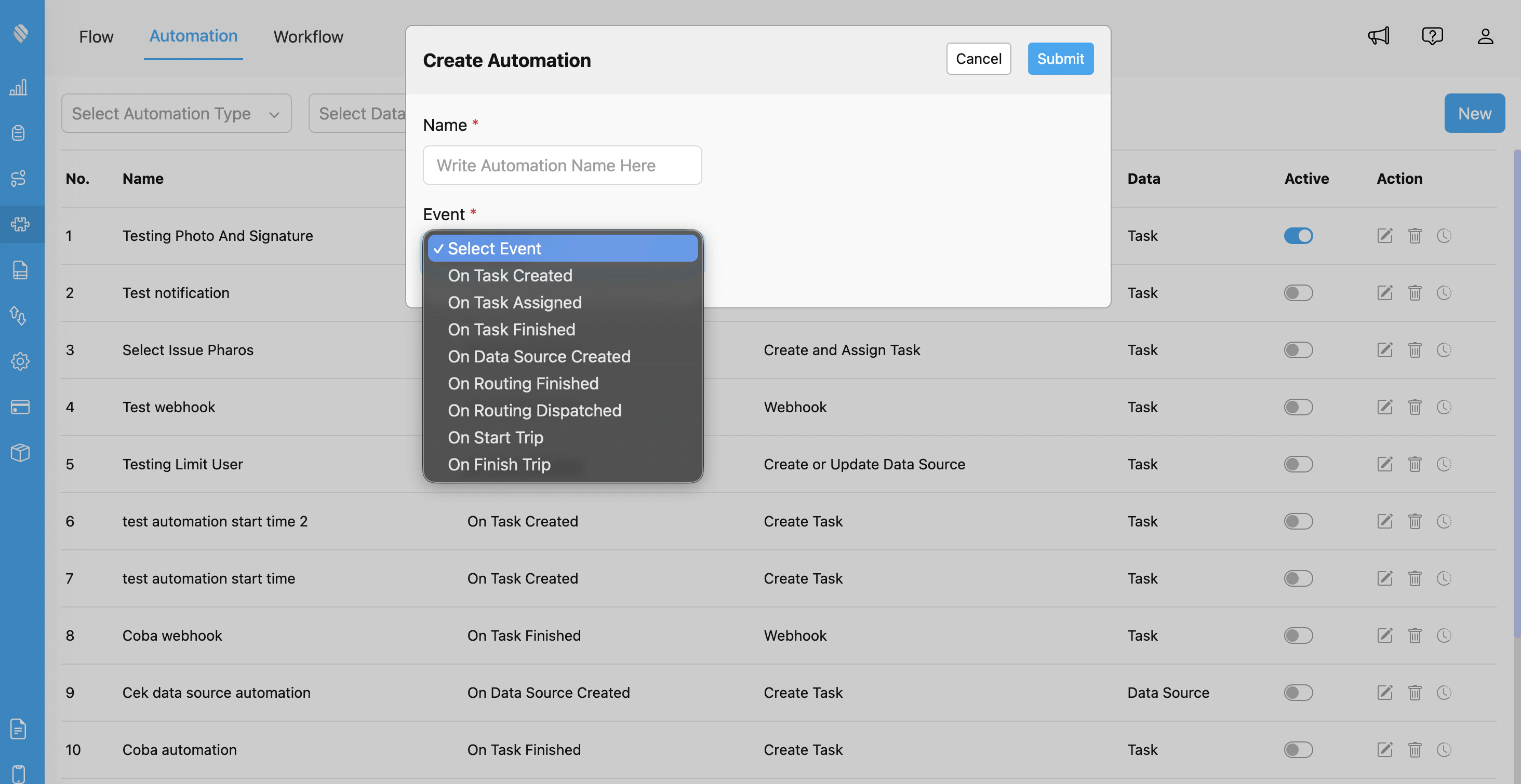Automation Event Dropdown