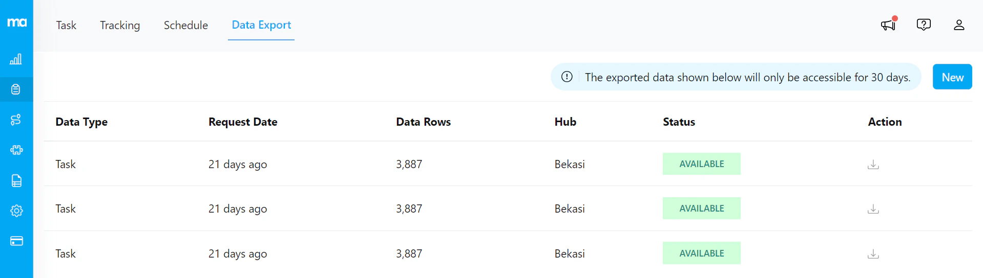 Data Export page display