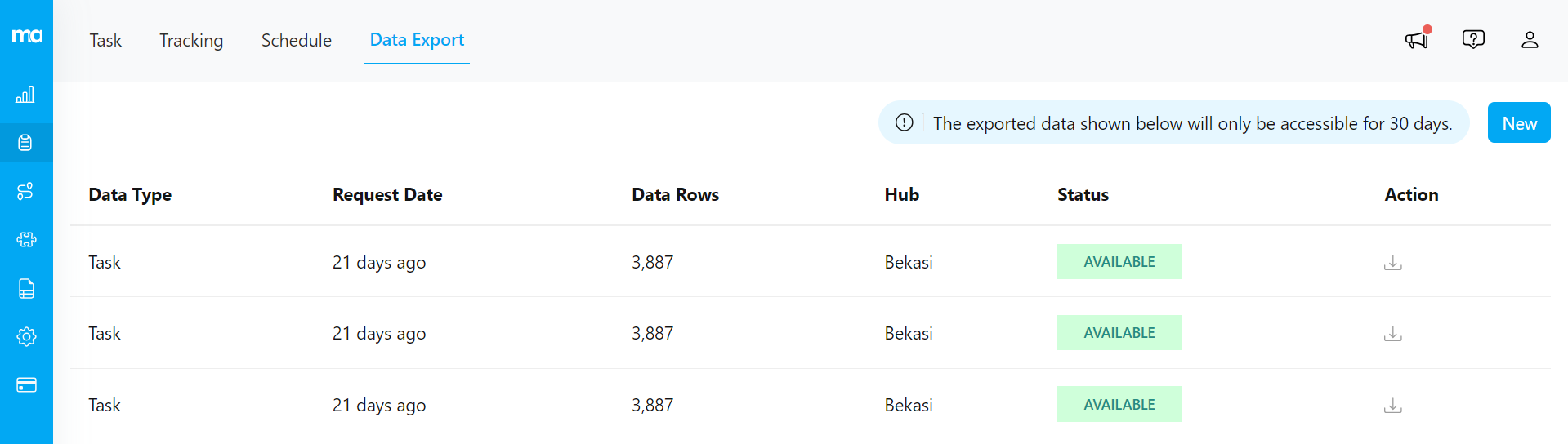 Data Export page display