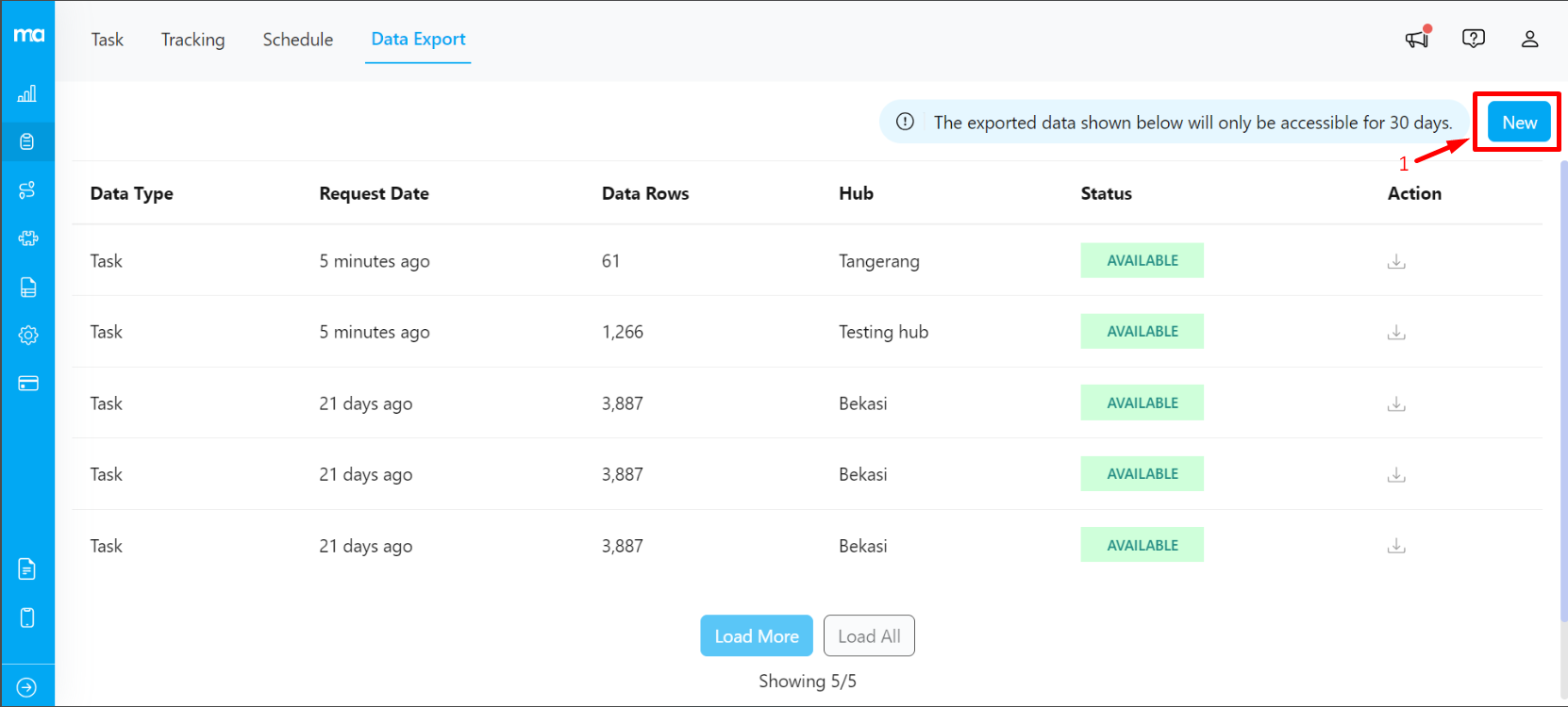 Data Export page display