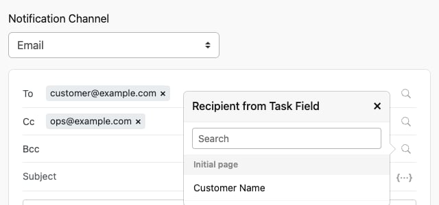 Recipient row with the task-field picker open, showing only text-input fields listed