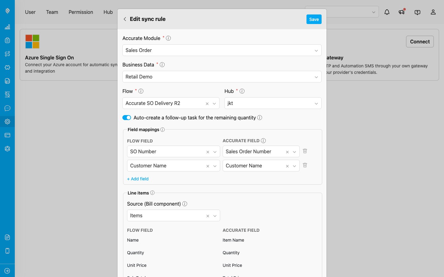 Add Mapping form for Accurate to MileApp, with field mappings and line items