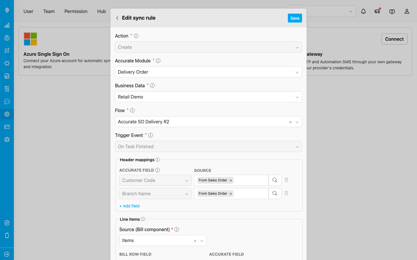 Add Mapping form for MileApp to Accurate, with action, trigger event and header mappings