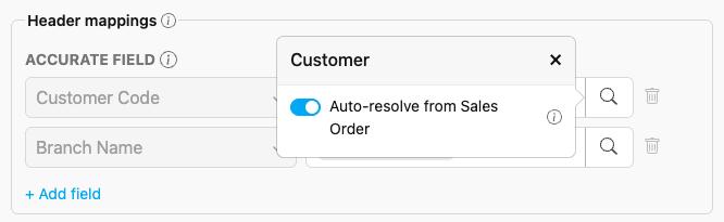 The Auto-resolve from Sales Order toggle at the top of the Customer Code source picker