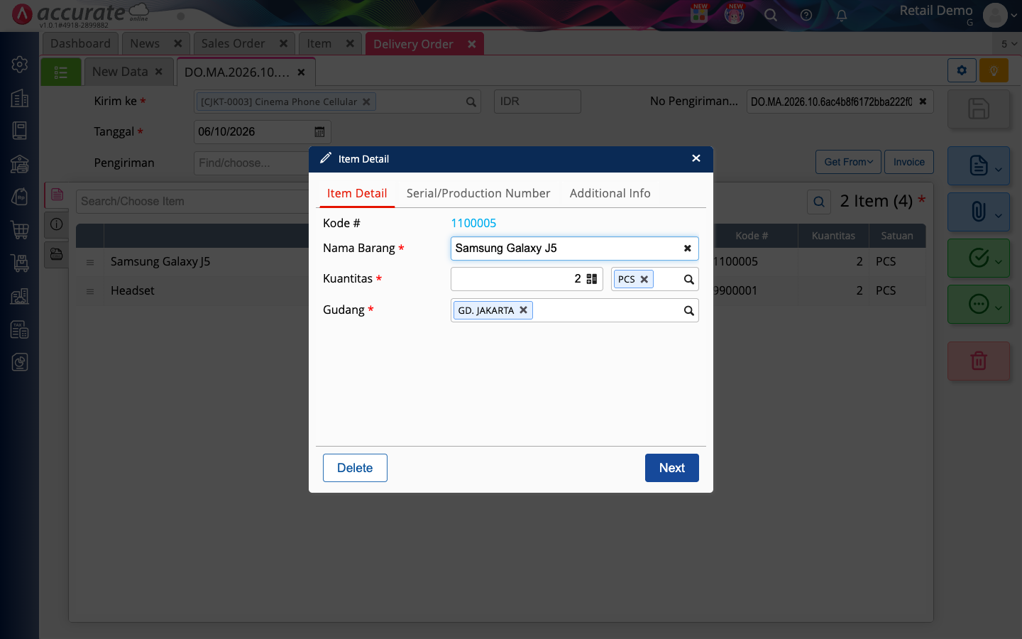 A Delivery Order in Accurate whose customer and branch came from the originating Sales Order