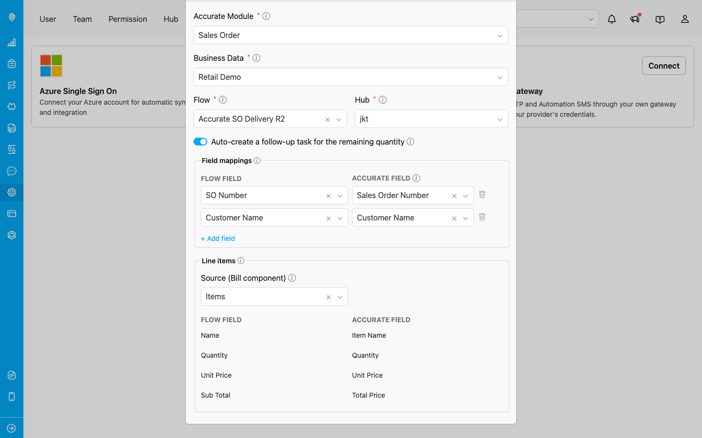 The import mapping form showing header field mappings and the line items section