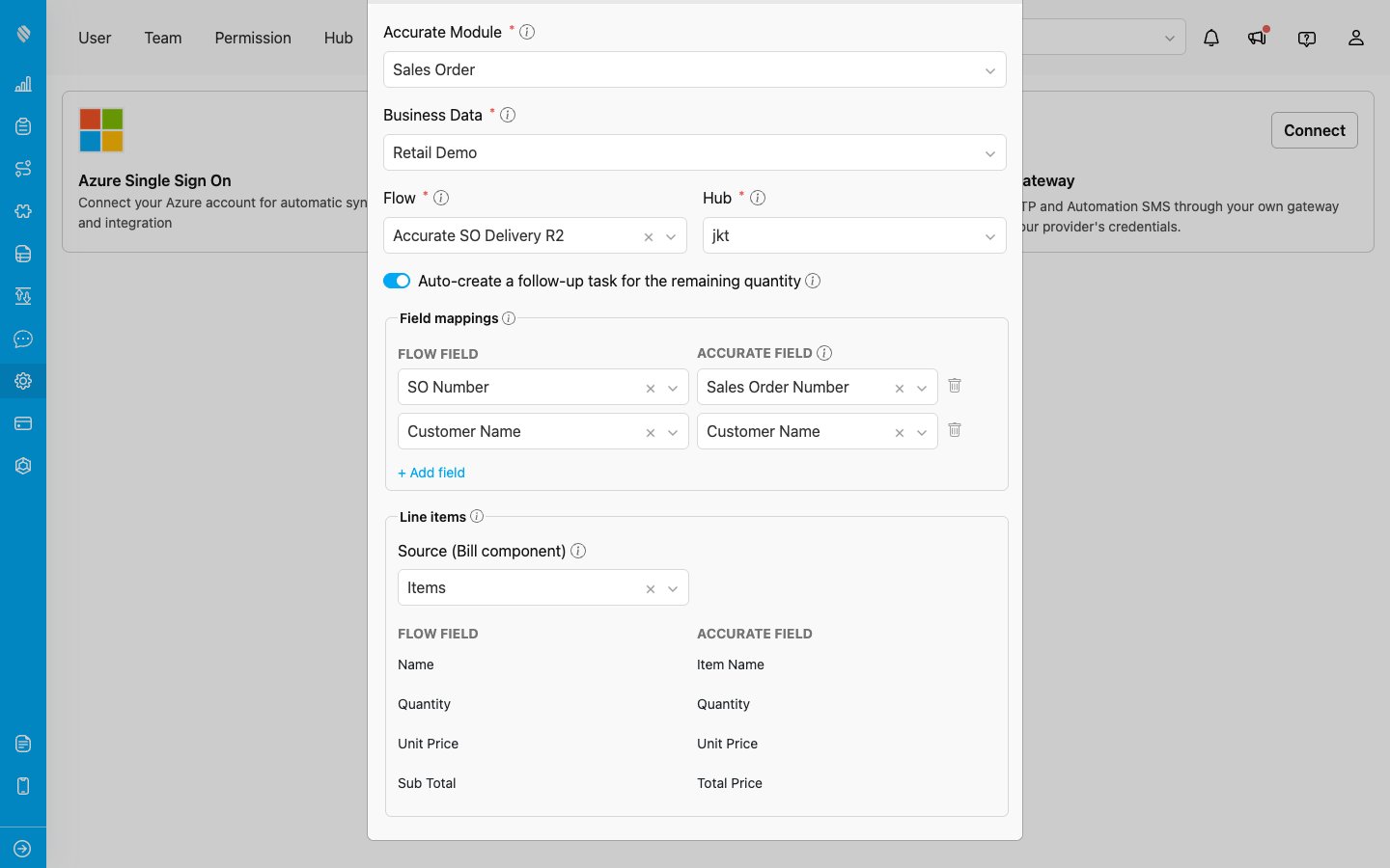 The import mapping form showing header field mappings and the line items section