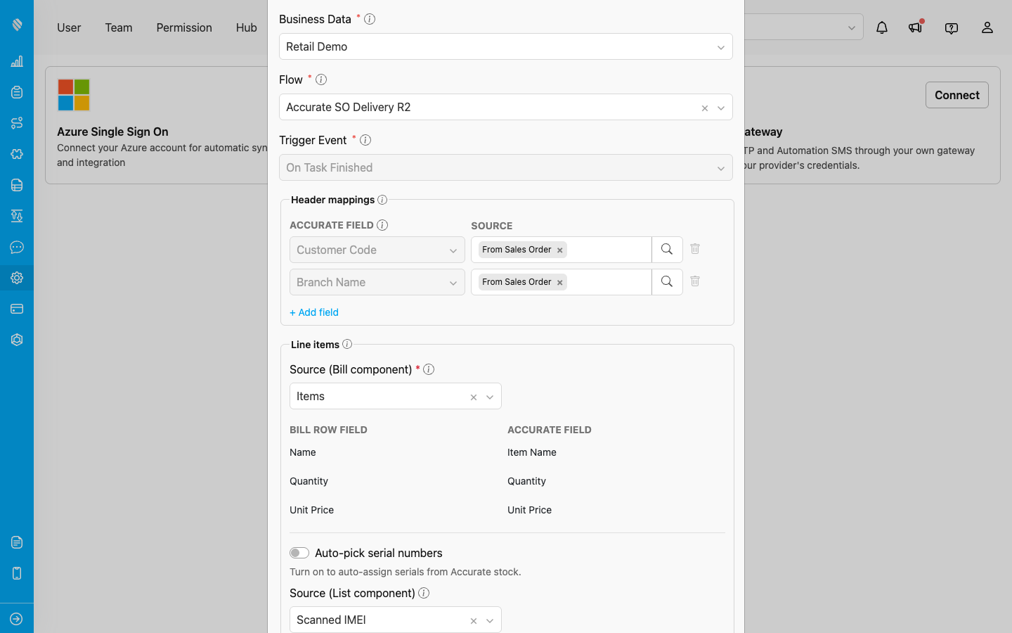 The push mapping form showing action, module, trigger event and header mappings