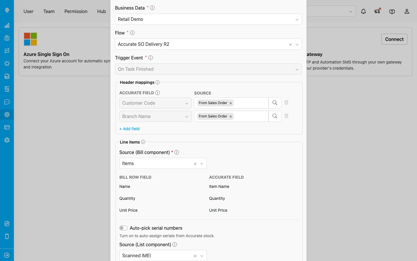 The push mapping form showing action, module, trigger event and header mappings