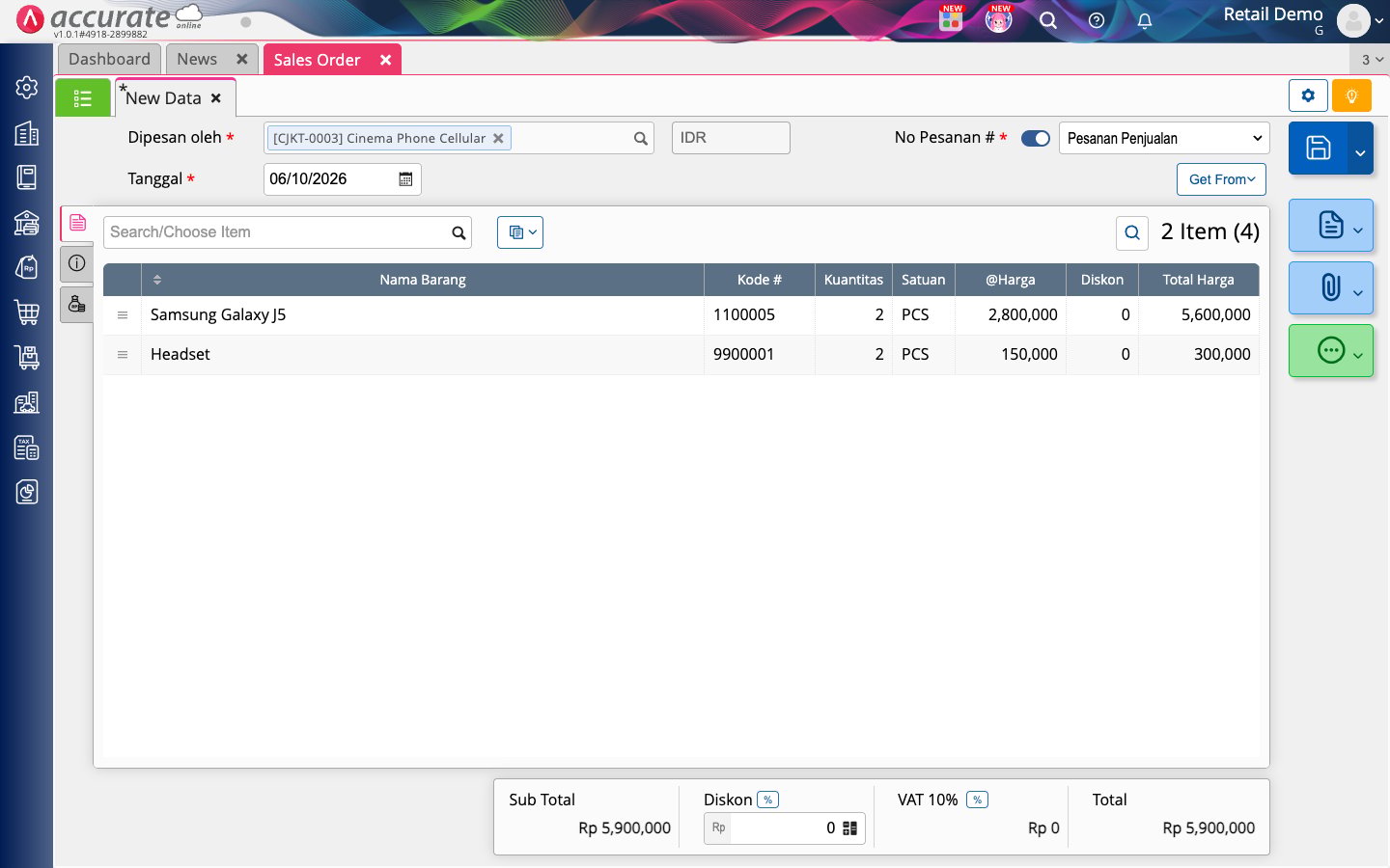 A Sales Order form in Accurate with a customer and one line item