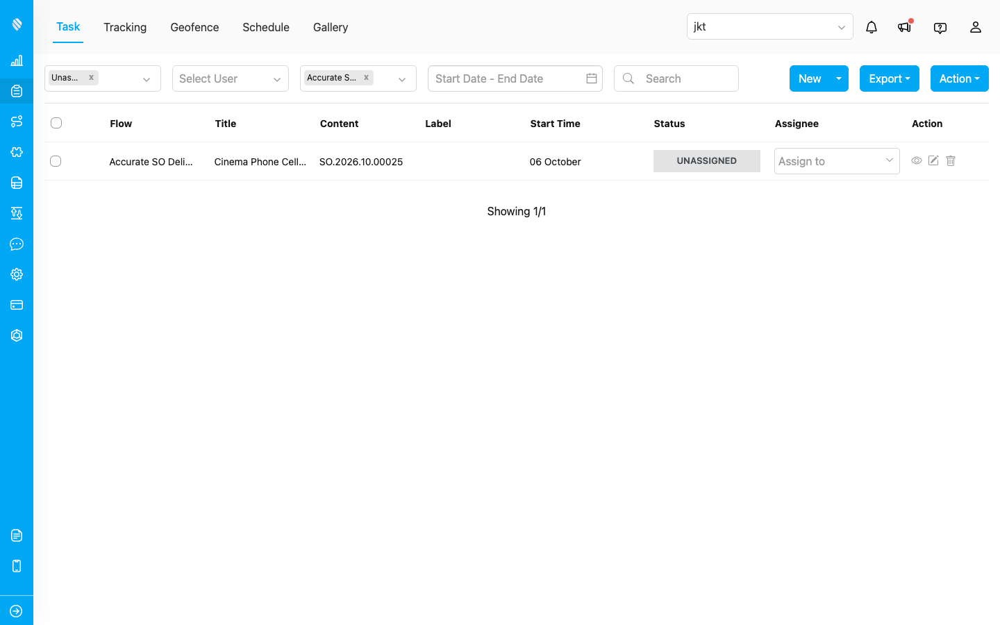 The MileApp task list with the newly imported task at the top