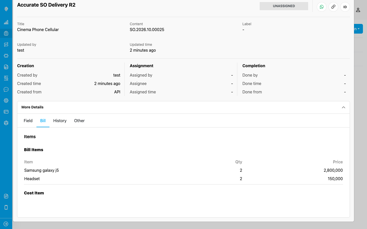 The Bill tab of the imported task showing the order line, quantity and price