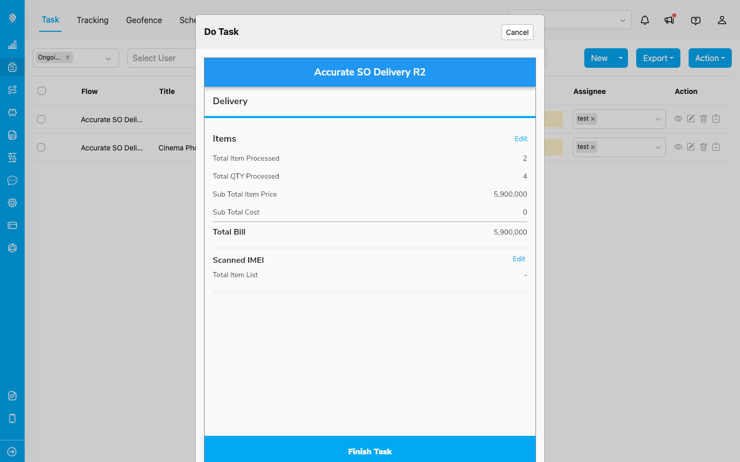 The Delivery page of Do Task, summarising the order lines and the empty serial list
