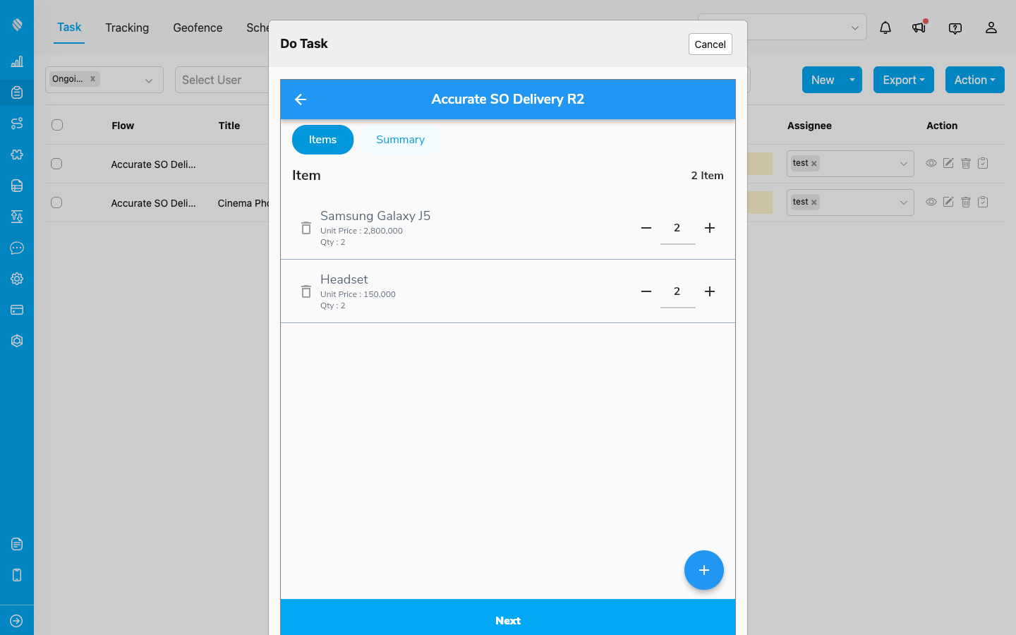The process page showing the bill with a quantity stepper
