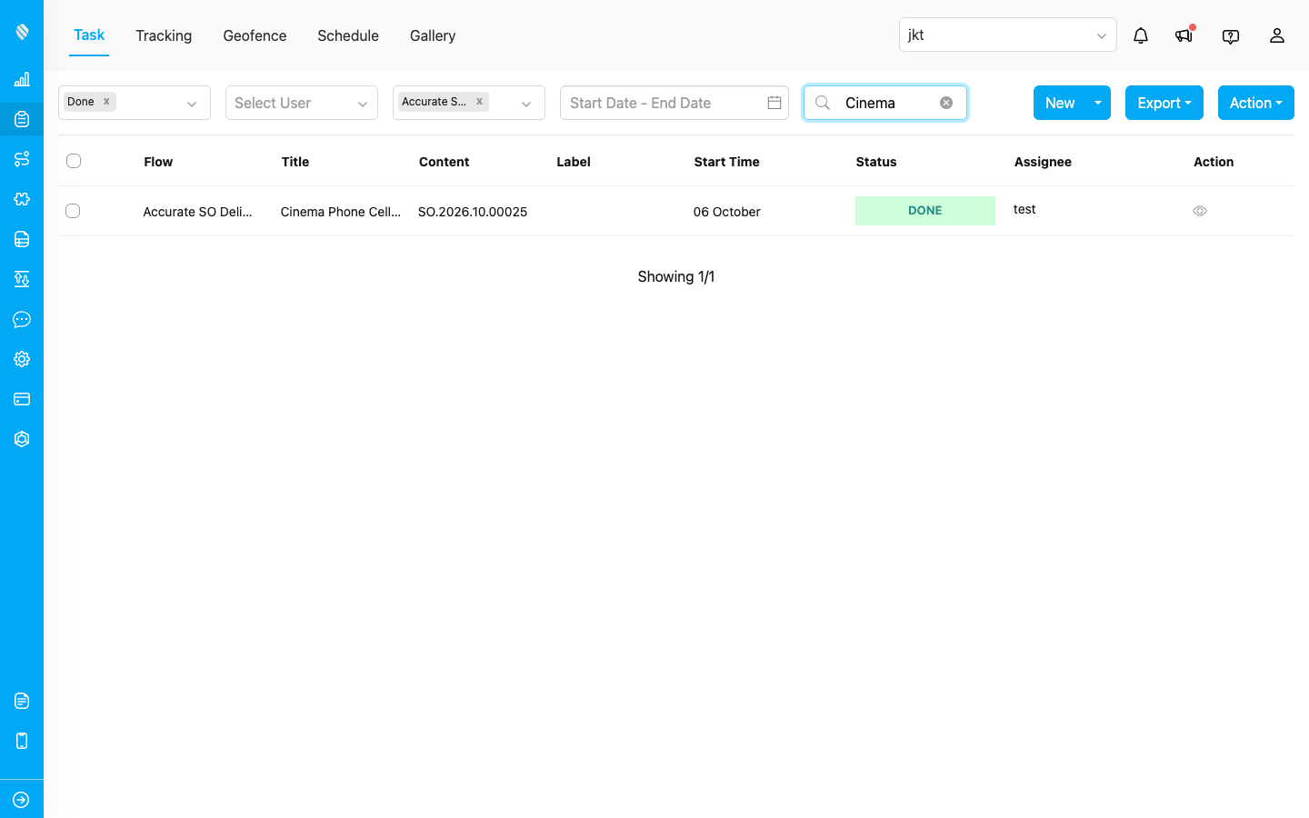 The task list showing the completed task at status DONE