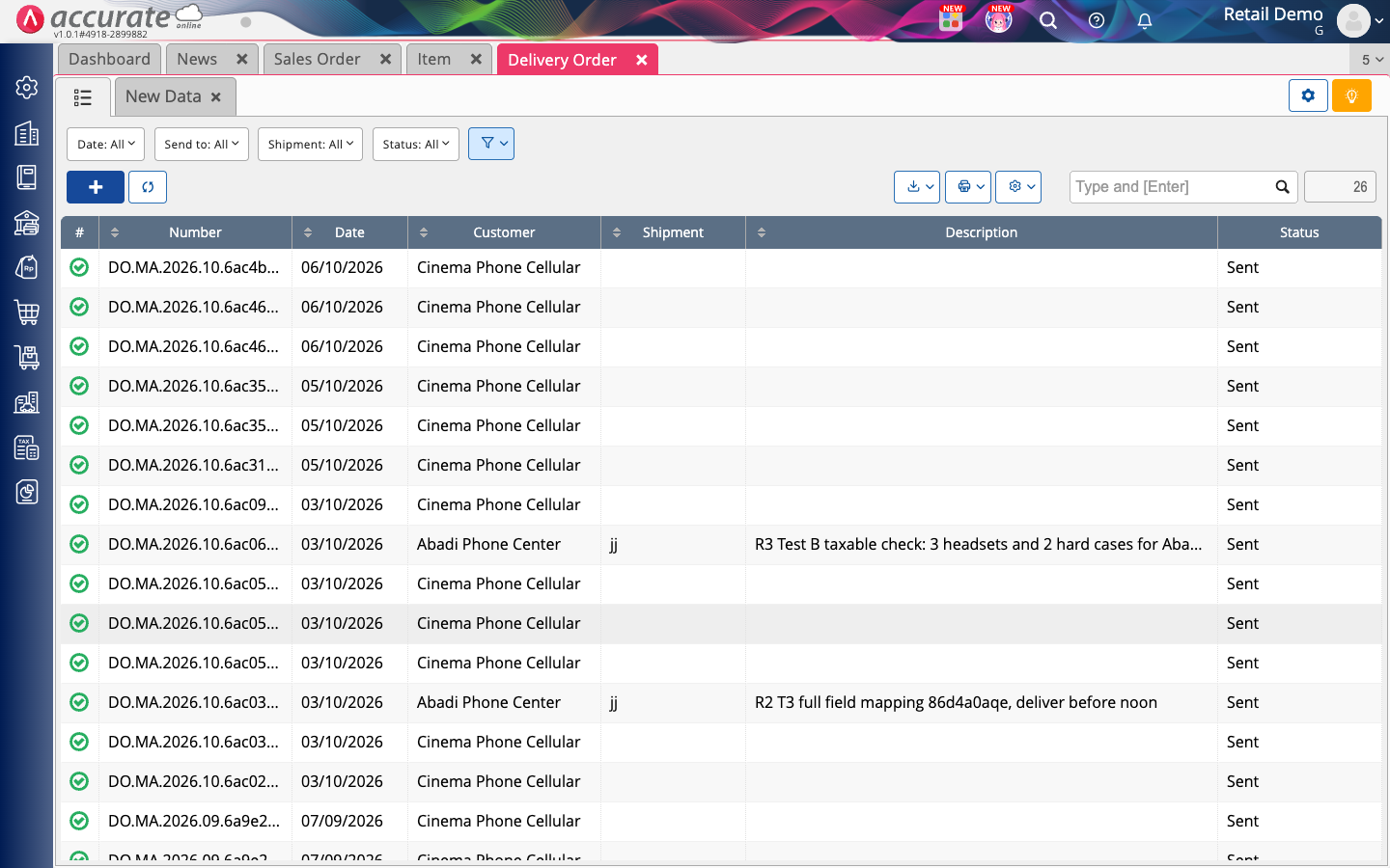 The Delivery Order list in Accurate with the newest deliveries