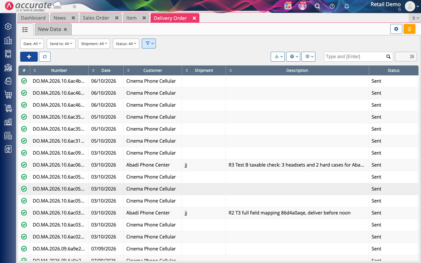 The Delivery Order list in Accurate with the newest deliveries