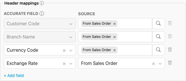 Push rule header mappings with Customer Code, Branch Name, Currency Code and Exchange Rate all set to From Sales Order