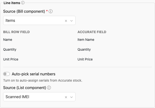 The Line items section of a push rule: Bill source, the auto-pick toggle, and the List component source for serials