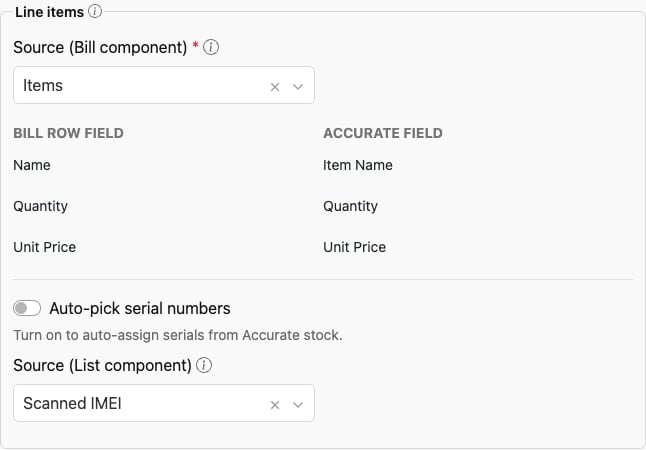 The Line items section of a push rule: Bill source, the auto-pick toggle, and the List component source for serials