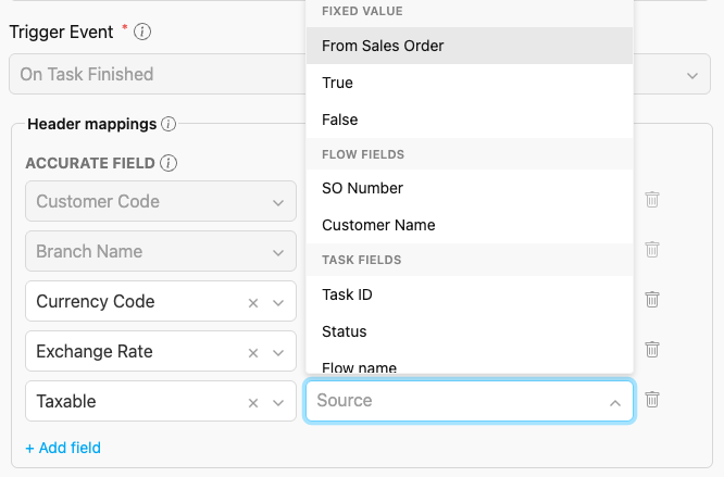 The Source picker for Taxable on a push rule, offering From Sales Order and a fixed True or False above the Flow fields