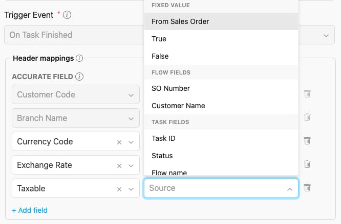 The Source picker for Taxable on a push rule, offering From Sales Order and a fixed True or False above the Flow fields