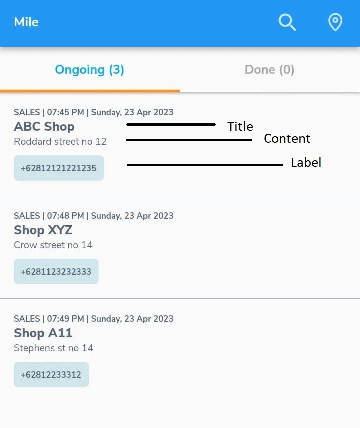 Mobile app task list showing Title, Content, and Label