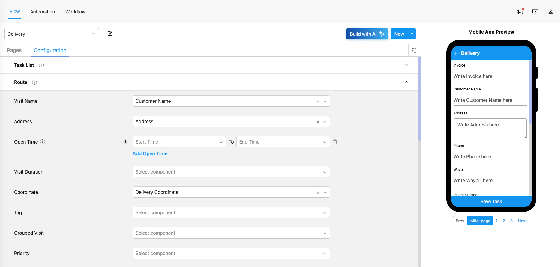 Flow Configuration — Route section