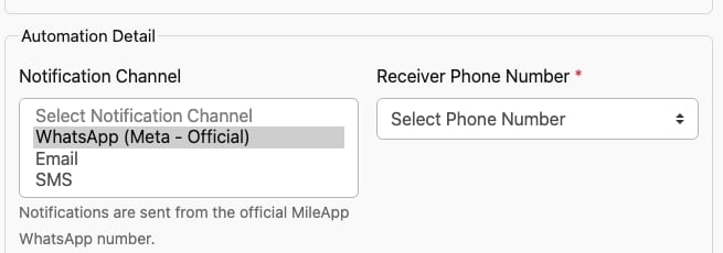 Notification Channel dropdown listing WhatsApp, Email and SMS
