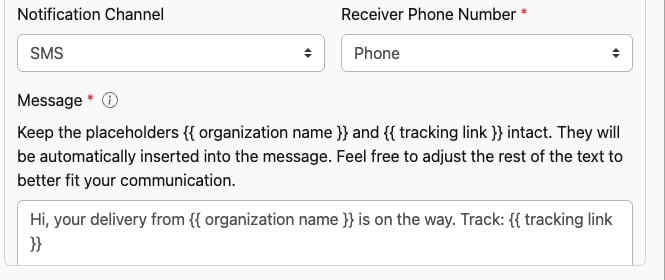 Notification automation with Channel set to SMS, showing Receiver Phone Number and Message
