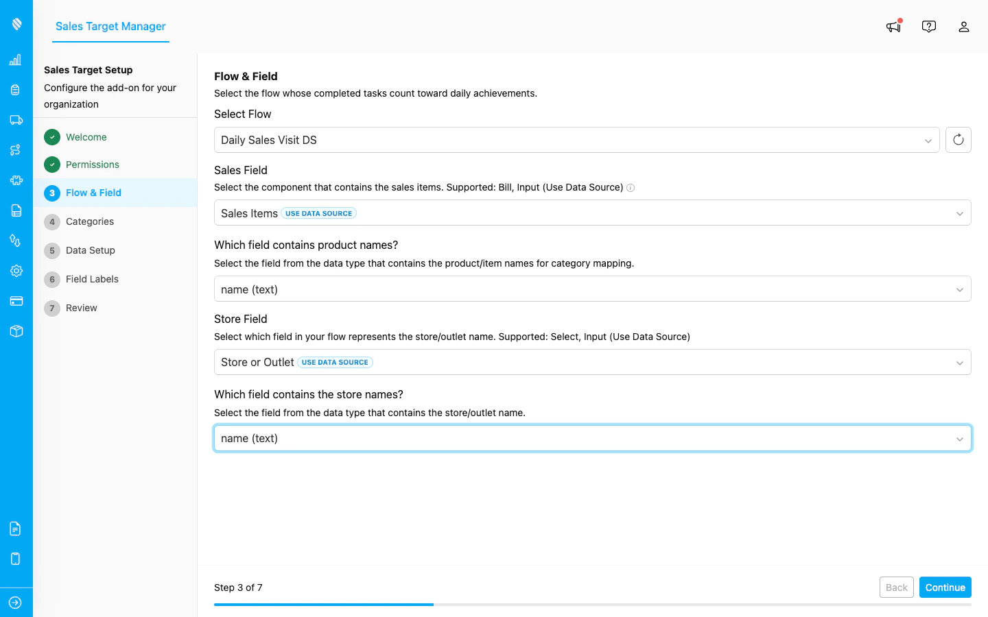 Flow and field selection step