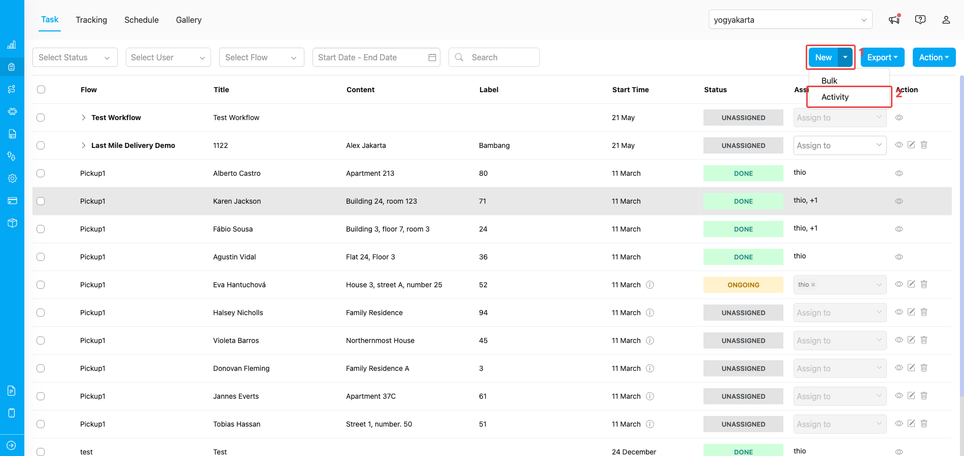 New dropdown with Activity button
