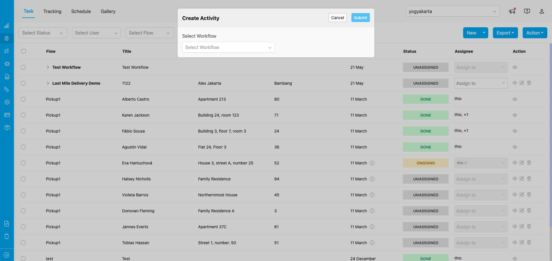 Create Activity modal